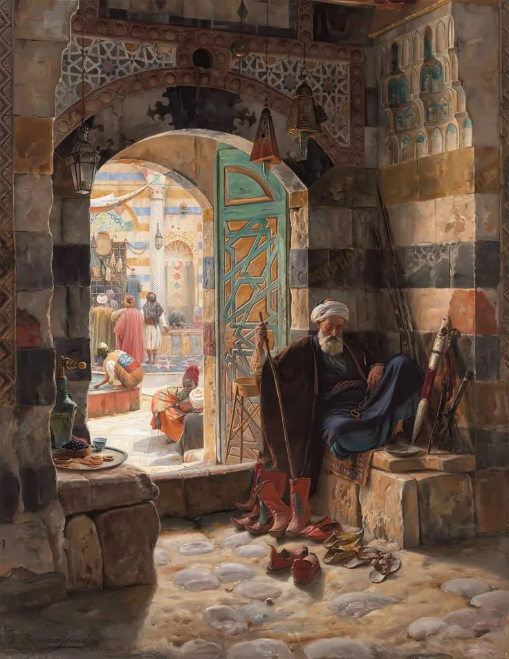 A painted scene: an old scholar in a turban rests in a stone gateway, a bright courtyard behind him.